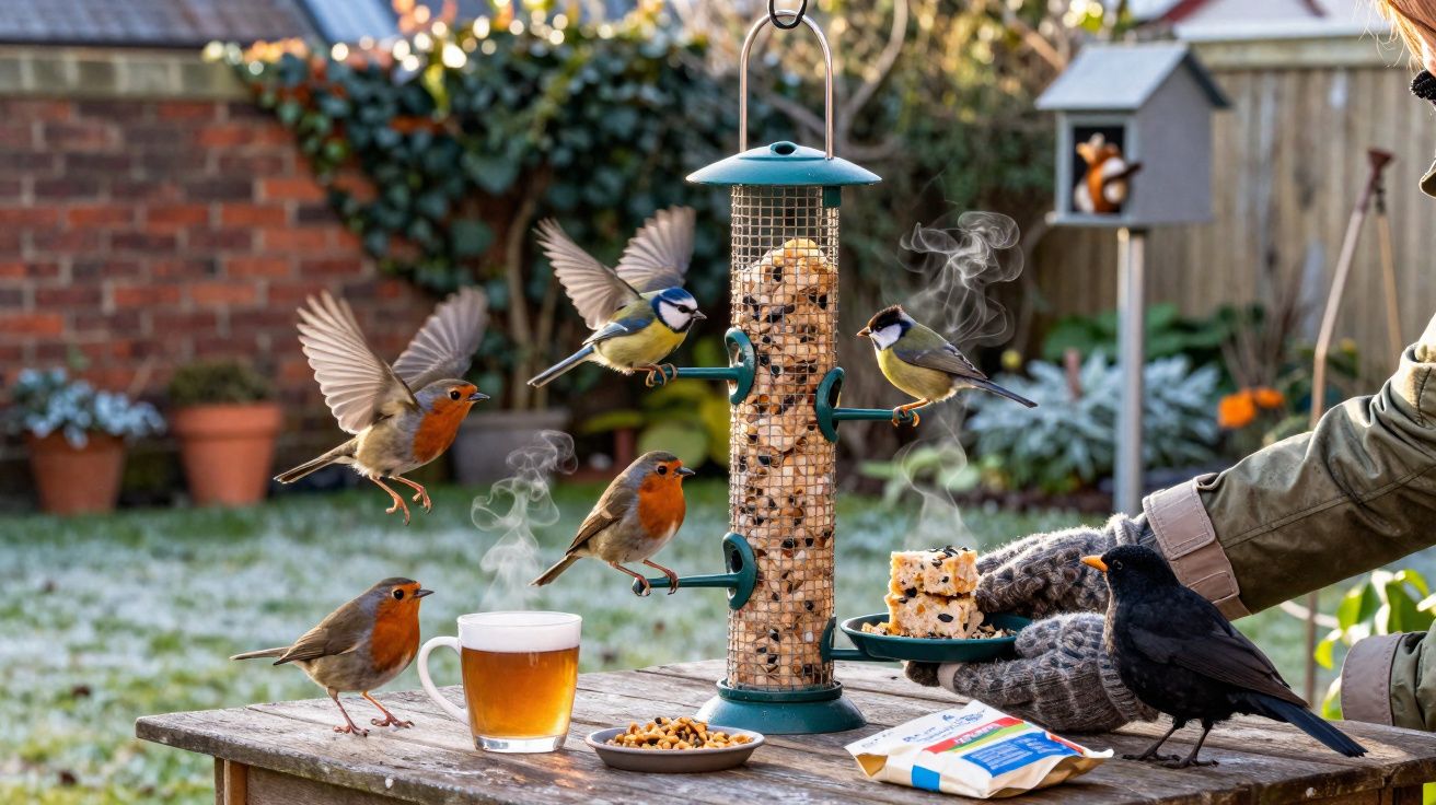 Pássaros variados a alimentarem-se num alimentador de aves com uma pessoa a oferecer comida num prato ao ar livre.