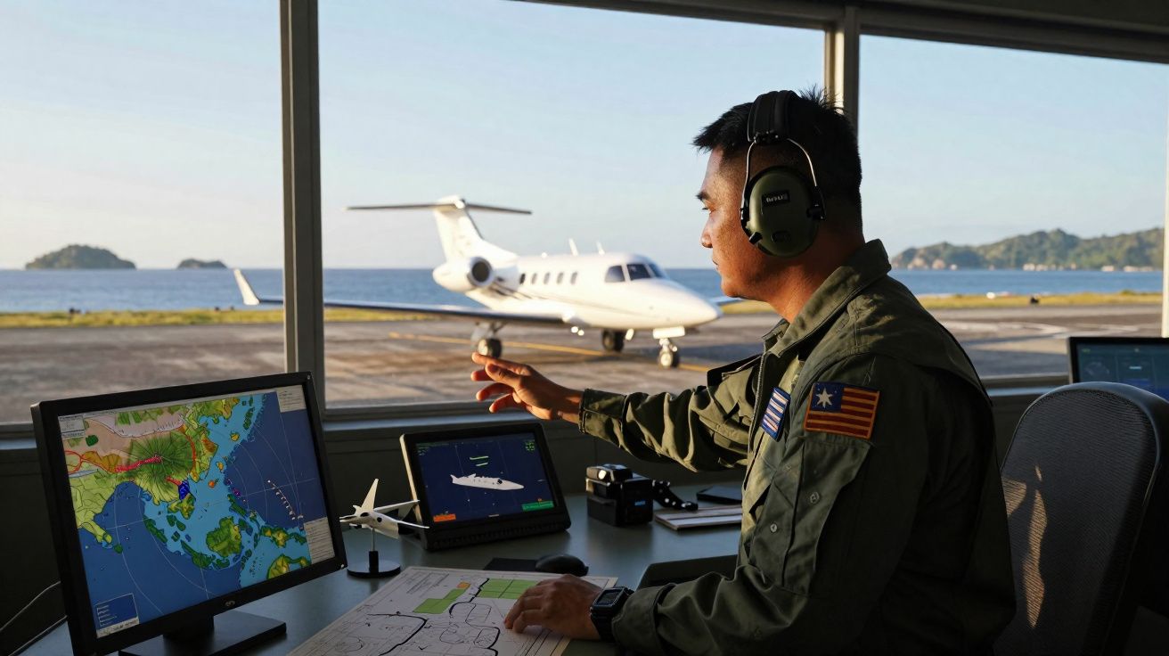 Controlador aéreo com auscultadores na torre de controlo a monitorizar avião privado na pista.