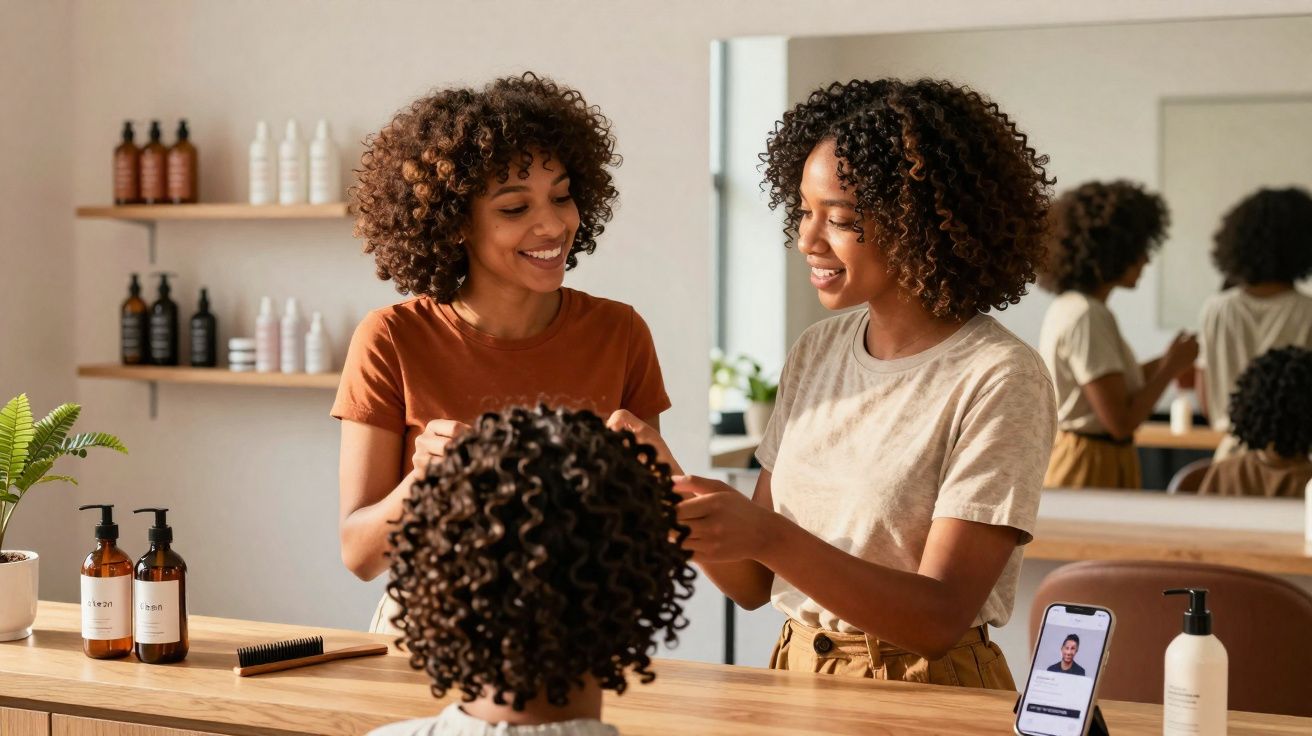 Duas mulheres com cabelo encaracolado a cuidar do cabelo de um cliente num salão de beleza moderno.