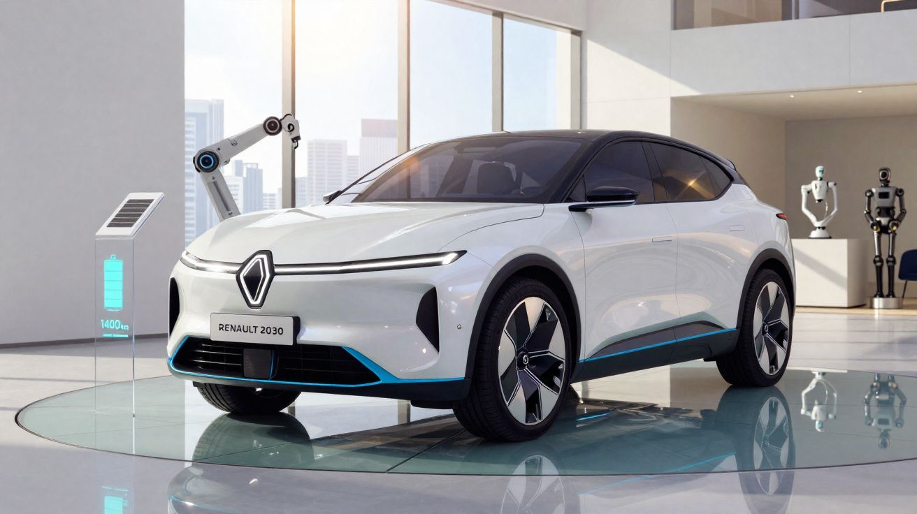 Carro elétrico branco Renault 2030 exibido em sala moderna com robôs e painel de indicador de bateria.