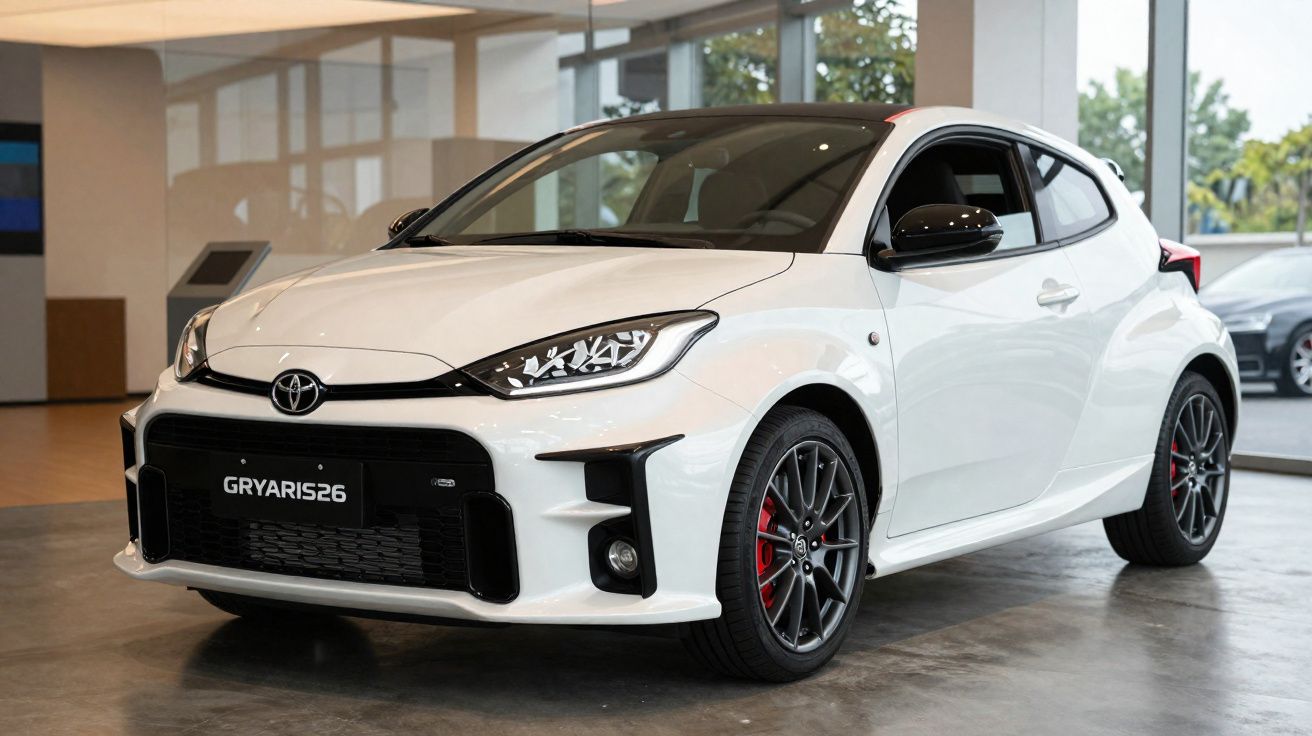 Automóvel Toyota branco e compacto, modelo desportivo, em exposição numa sala moderna com grandes janelas.