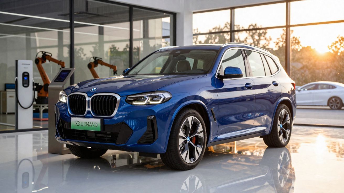 Carro SUV elétrico BMW azul estacionado dentro de uma garagem moderna com carregador e robots industriais.