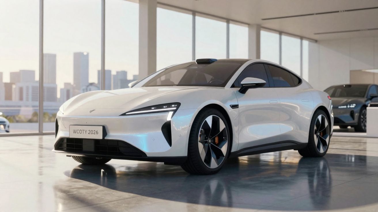 Carro elétrico branco moderno estacionado em salão de exposições com janelas amplas e vista urbana ao fundo.
