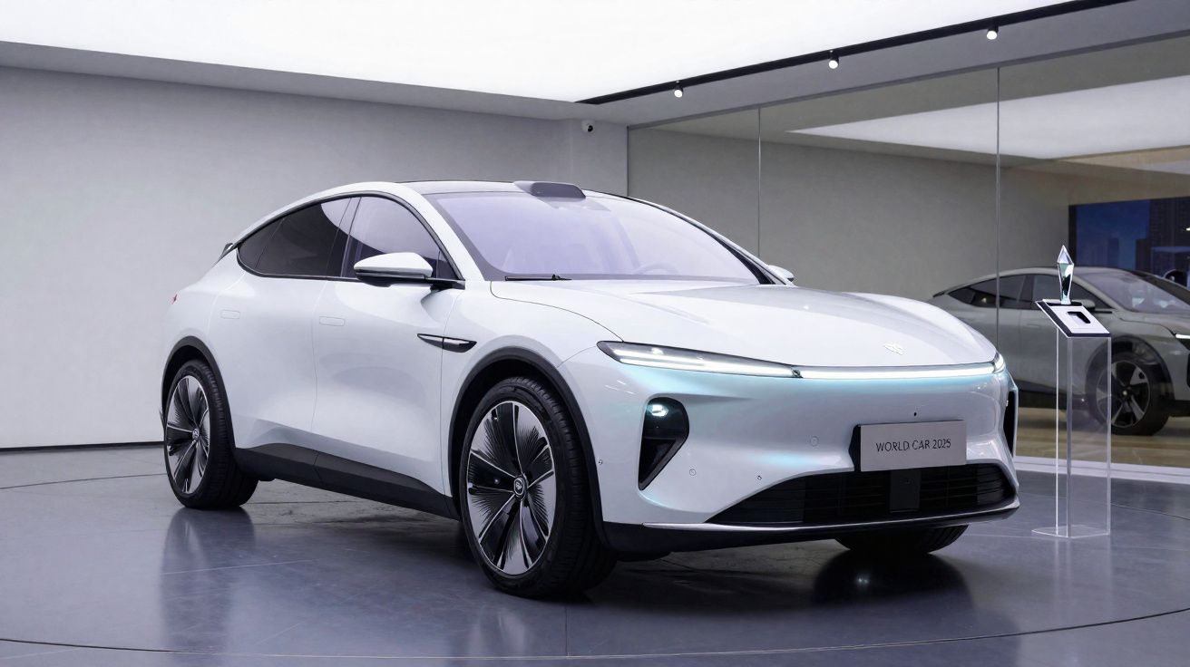 Carro elétrico branco futurista exposto em showroom moderno com paredes espelhadas.