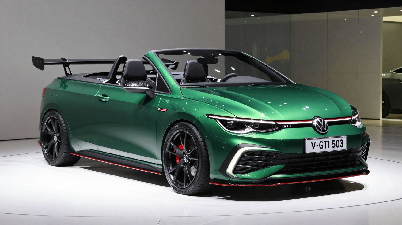 Carro desportivo conversível Volkswagen GTI verde com detalhes pretos e vermelhos em exposição interior.