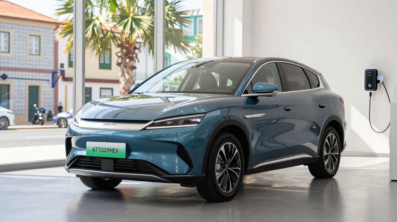 Carro elétrico azul estacionado em showroom moderno com carregador na parede e janelas grandes.