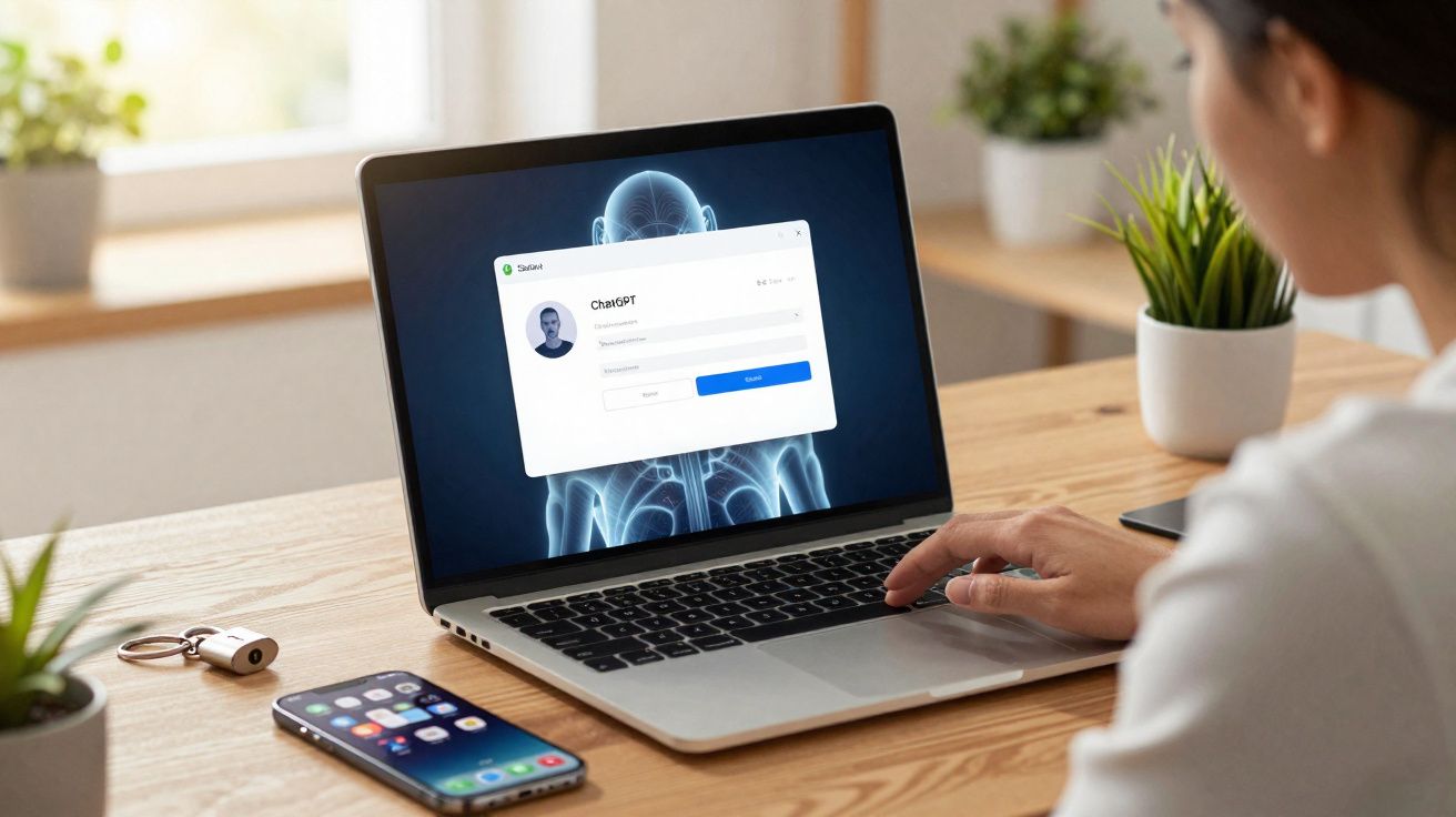 Pessoa a usar um computador portátil com ecrã a mostrar um formulário de login para o ChatGPT.