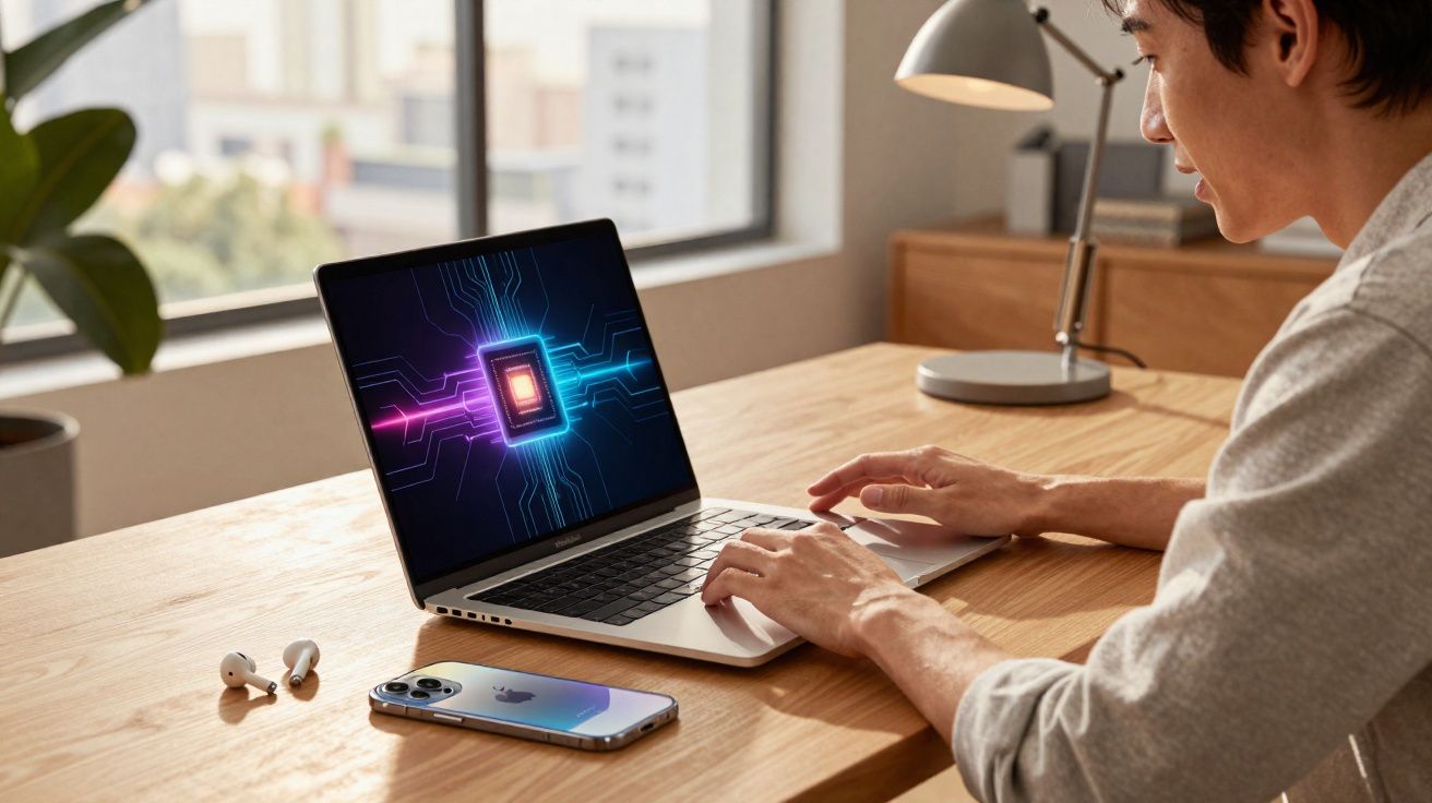 Homem a usar laptop com imagem de chip digital, mesa de madeira com smartphone e auriculares sem fios.