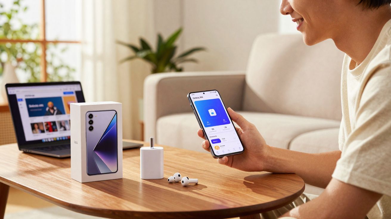 Pessoa segura telemóvel com app aberta, sobre mesa com caixa de telemóvel, carregador e auscultadores, ao lado de computador 