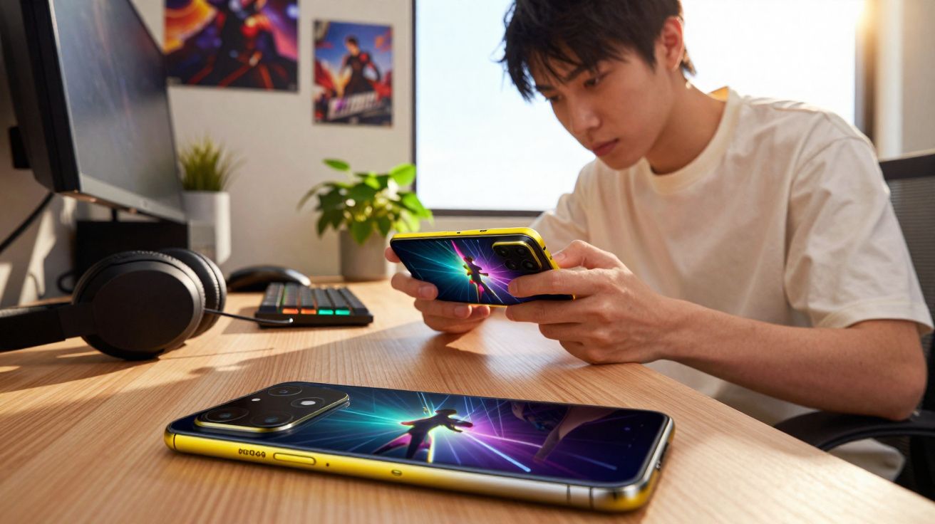 Jovem a jogar num smartphone amarelo com imagem de personagem iluminada, em mesa com auscultadores e computador.
