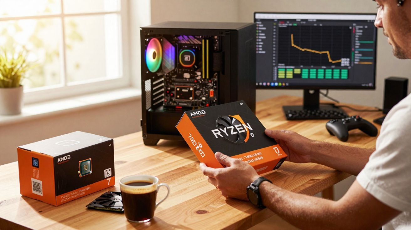 Pessoa a montar computador com processador AMD Ryzen na mesa de madeira junto a monitor e comando de jogos.
