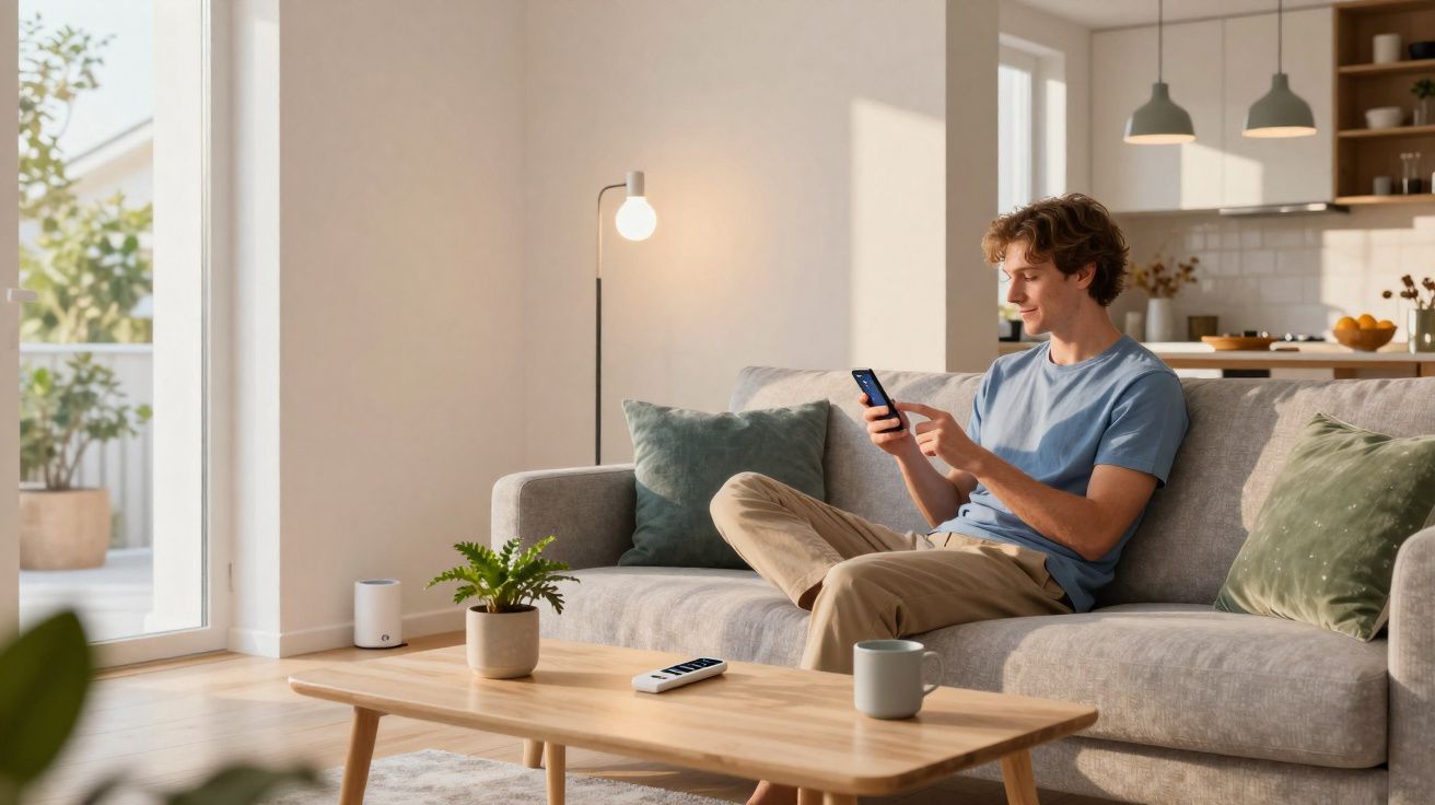 Jovem sentado no sofá numa sala moderna, a usar um telemóvel, com uma mesa de centro à frente e luz natural.