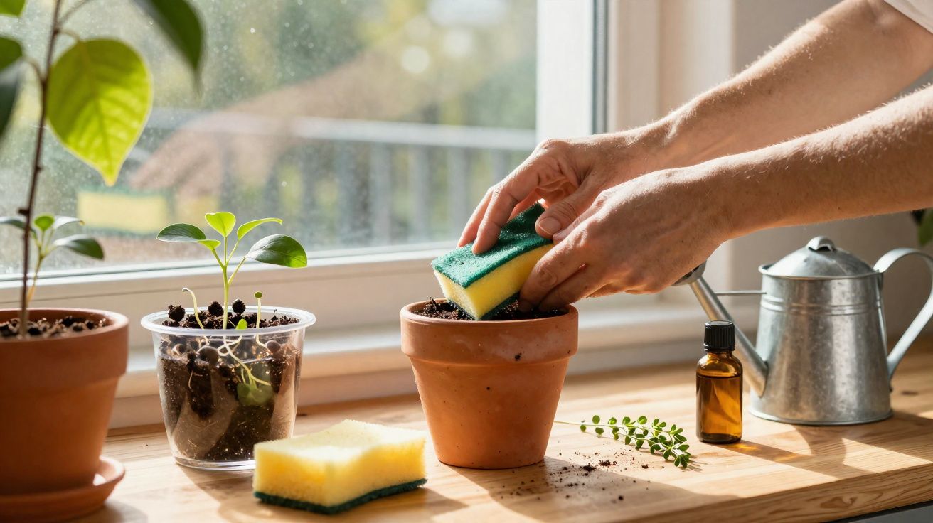 Mãos limpando terra de vaso de barro com esponja, perto de plantas, frascos e regador numa janela ensolarada.