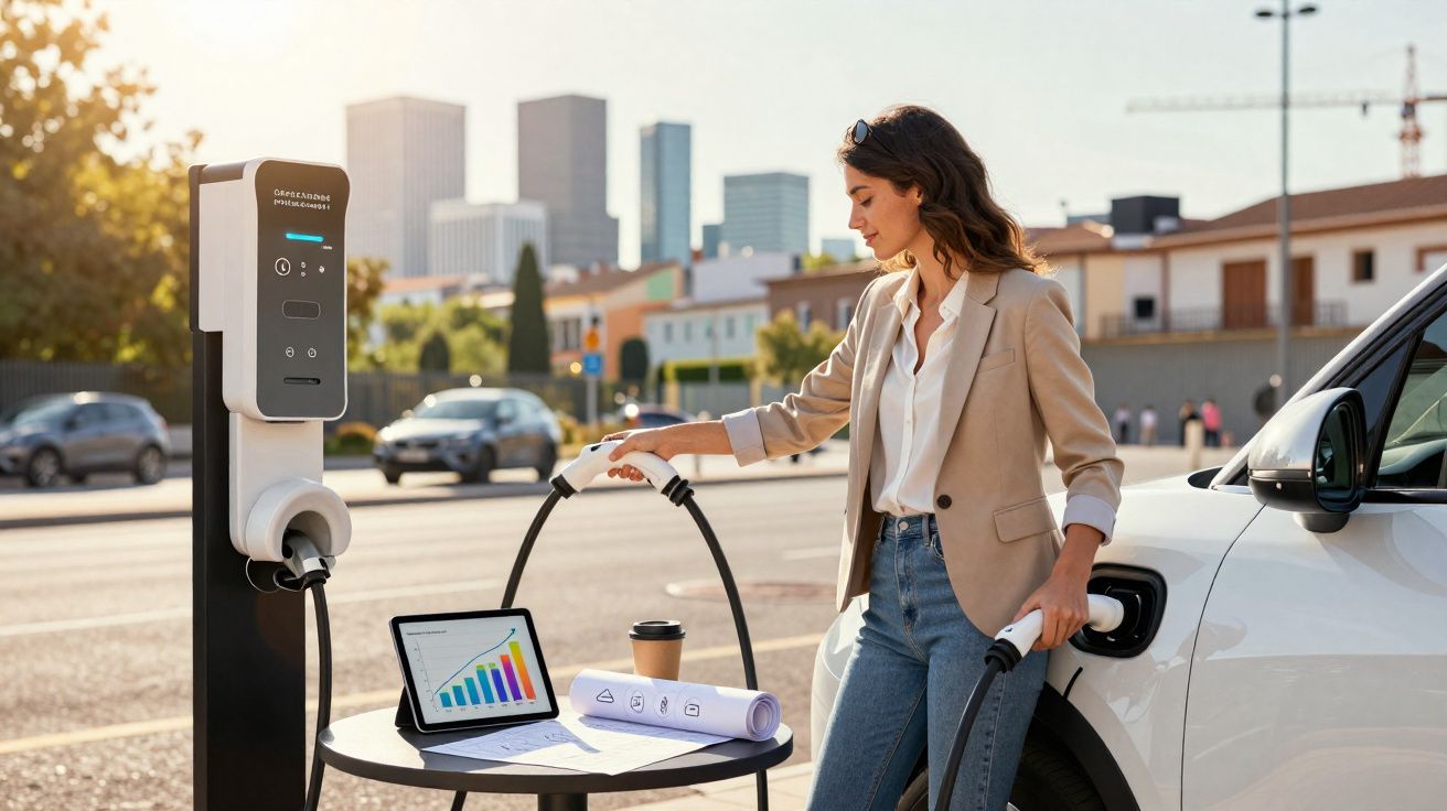Mulher ligada a carro elétrico numa estação de carregamento urbana, com gráficos num tablet e plantas na mesa.