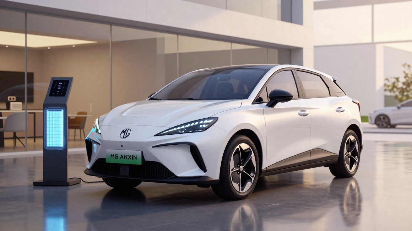 Carro elétrico branco MG Anxin a carregar numa estação moderna em ambiente urbano.