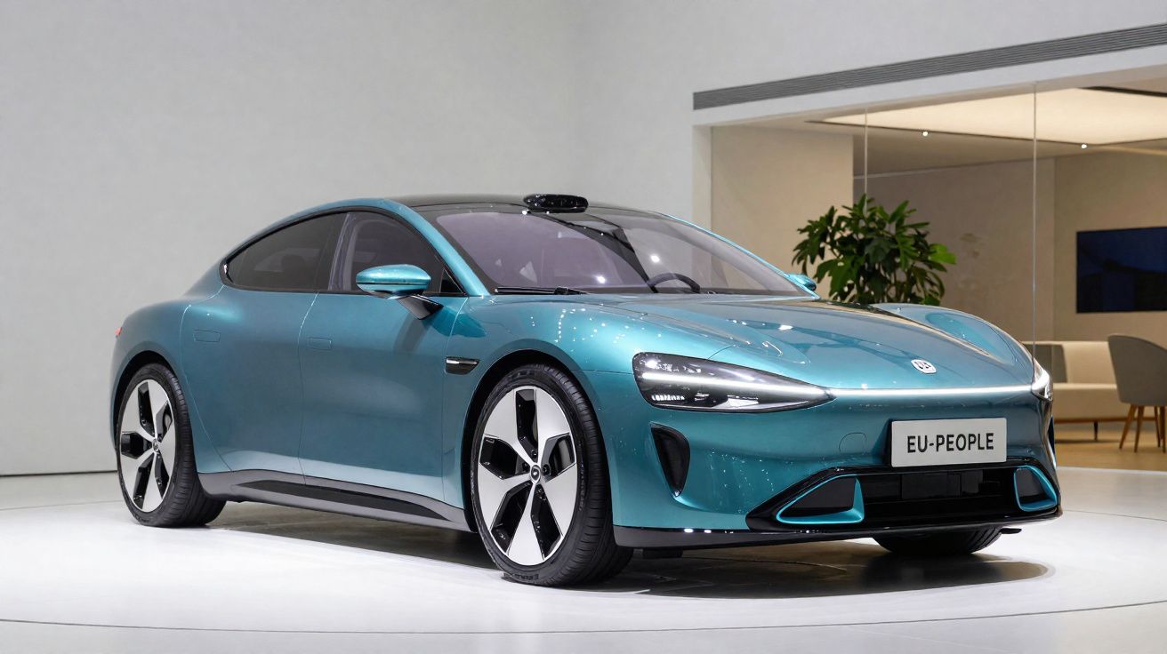 Carro elétrico azul metálico apresentado num salão, com design moderno e linhas aerodinâmicas.