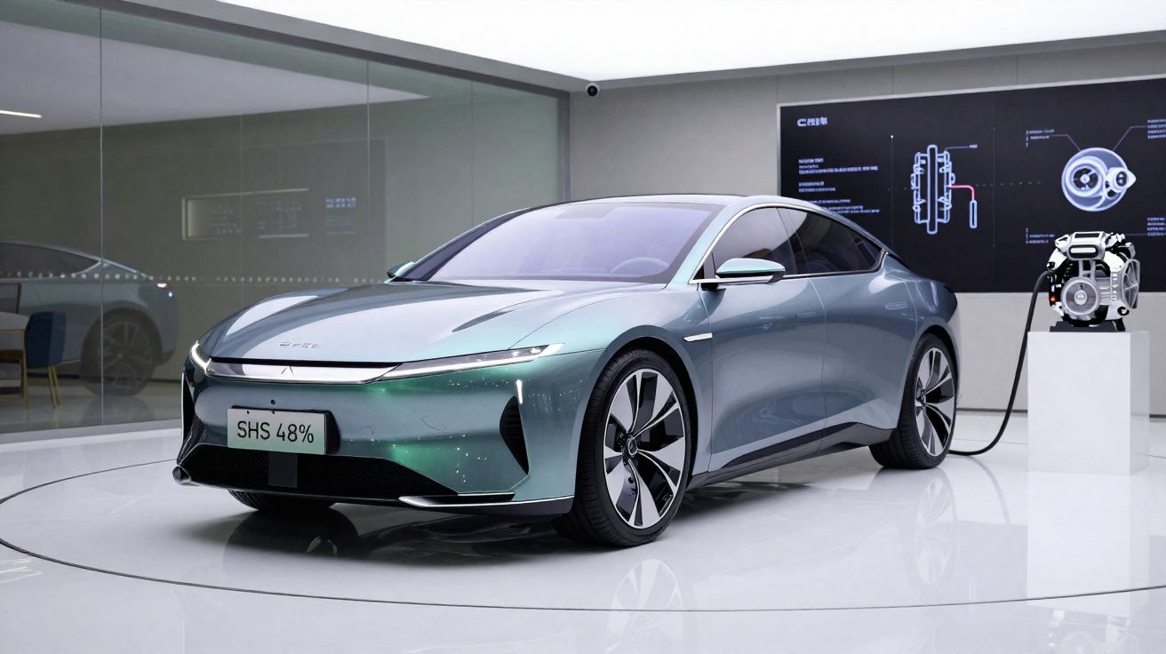 Carro elétrico moderno cinza exibido numa sala branca, ligado a um dispositivo para carregamento.