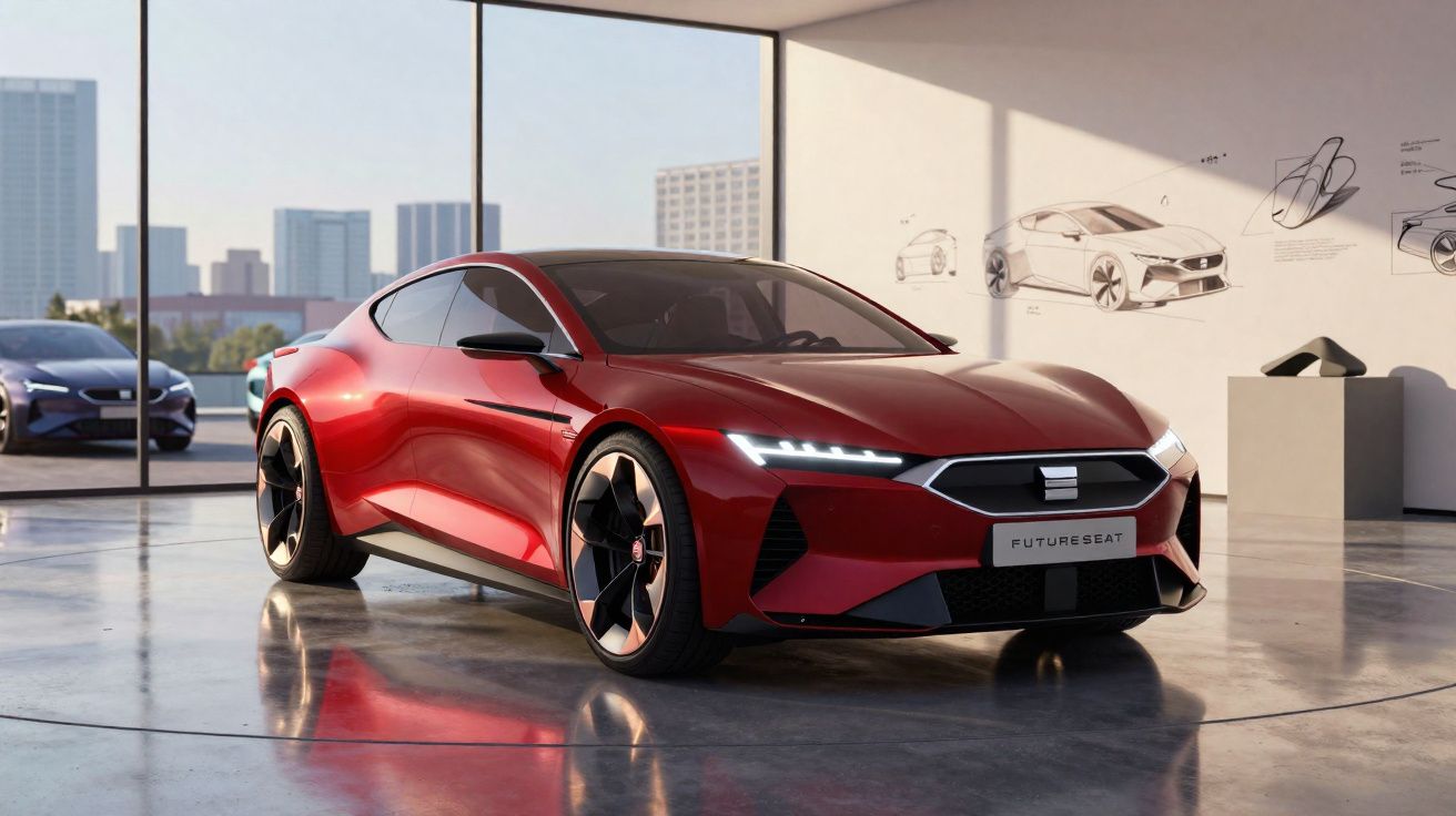 Carro desportivo elétrico vermelho futurista em espaço interior moderno com janelas grandes e esboços de design na parede.