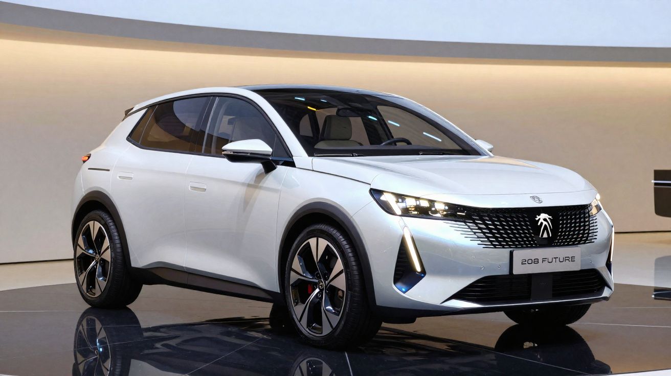 Automóvel Peugeot 208 Future branco, moderno, com faróis LED e design aerodinâmico exibido em exposição.