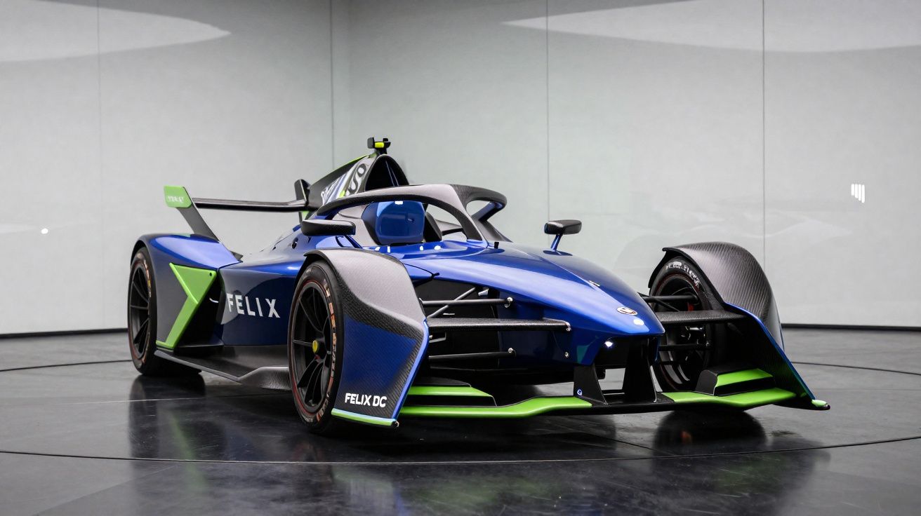 Carro de corrida azul e verde com design aerodinâmico exposto em fundo cinzento.