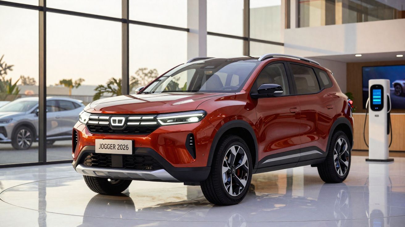 SUV vermelho Dacia Jogger 2026 estacionado em showroom moderno com parede de vidro e posto de carregamento elétrico.