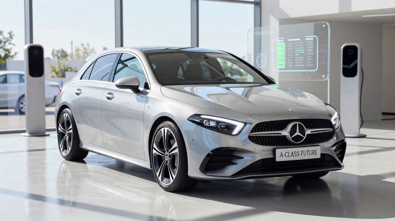 Carro elétrico Mercedes-Benz Classe A prateado num espaço moderno com postos de carregamento elétrico.