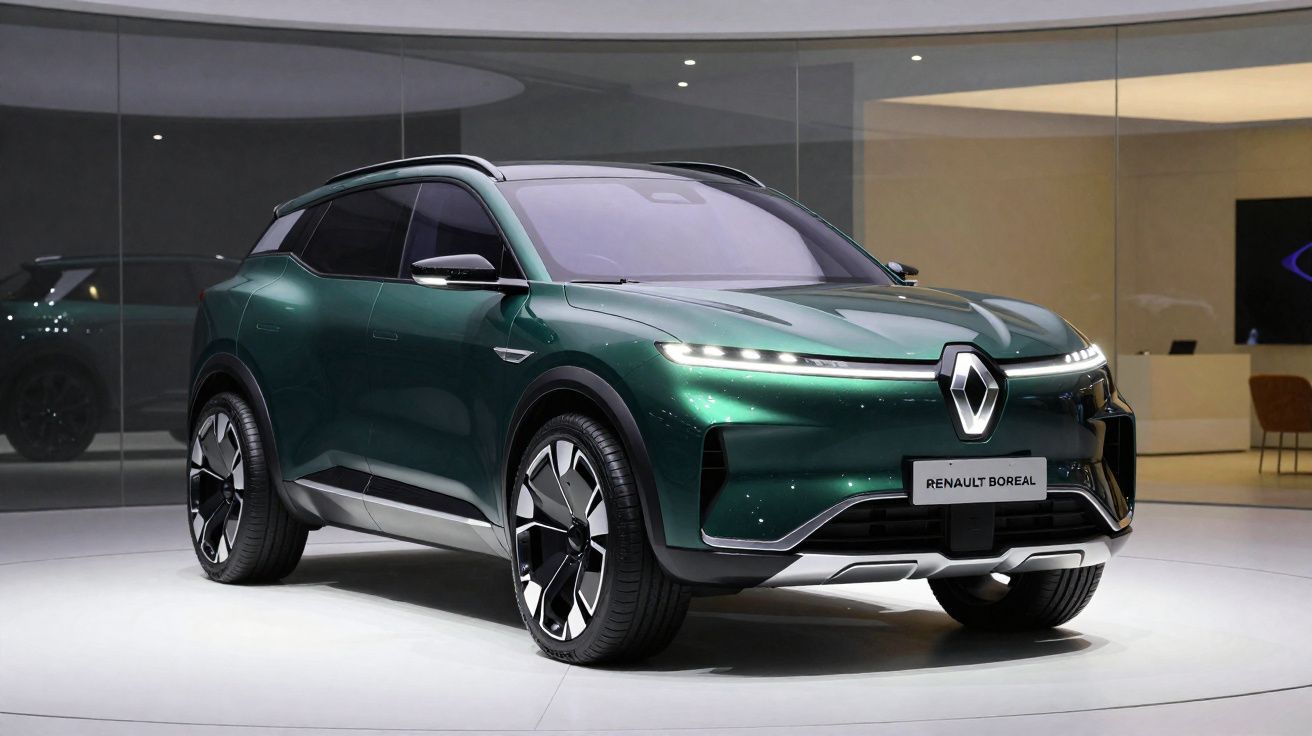 Renault Boreal verde metálico, SUV elétrico exposto em ambiente moderno com iluminação ambiente.