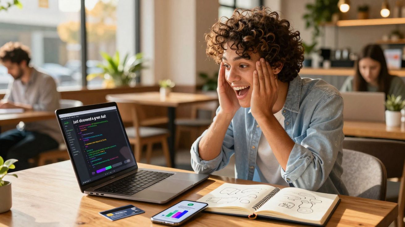 Jovem entusiasmado a olhar para o ecrã do portátil num café, com smartphone e caderno à frente.