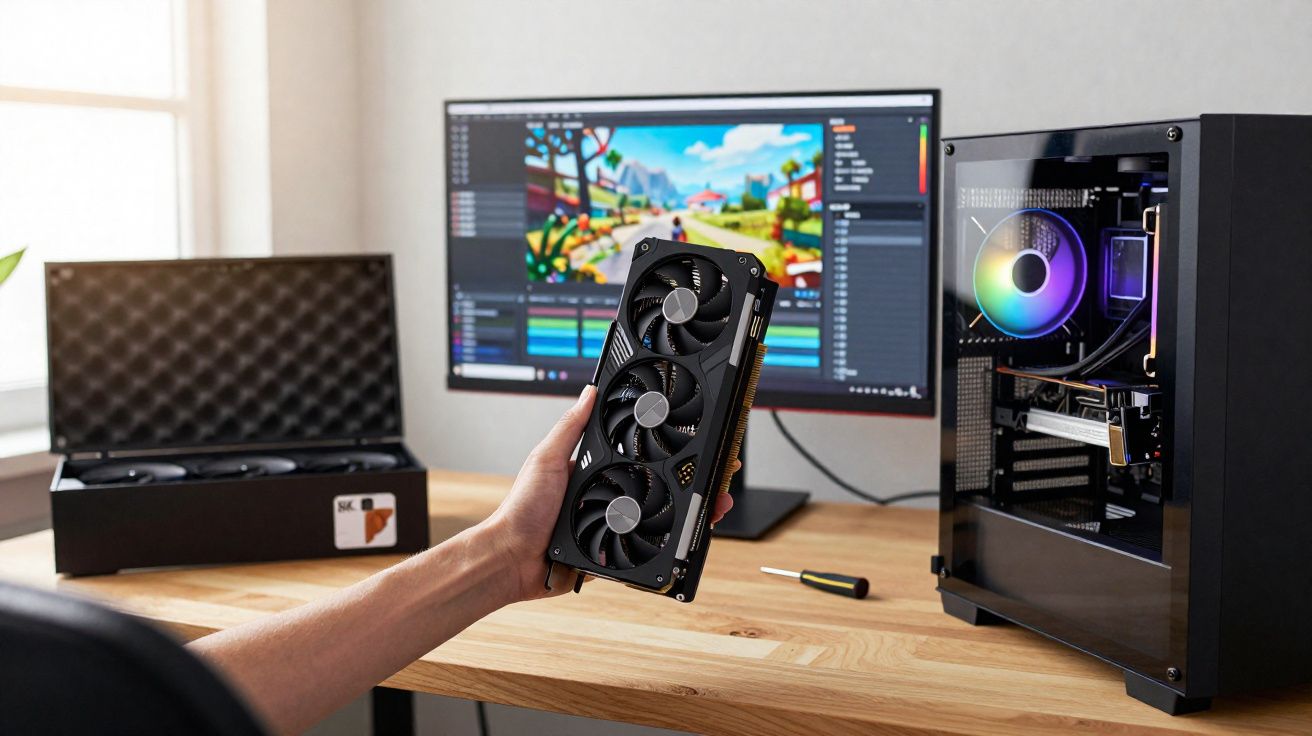 Mão segura placa gráfica junto a computador desktop aberto e monitor com software de edição de vídeo.