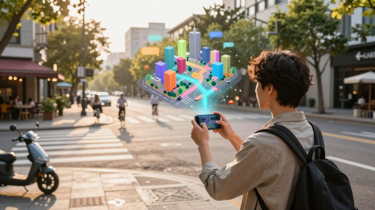 Pessoa jovem com mochila usa smartphone para interagir com mapa virtual 3D numa rua urbana.