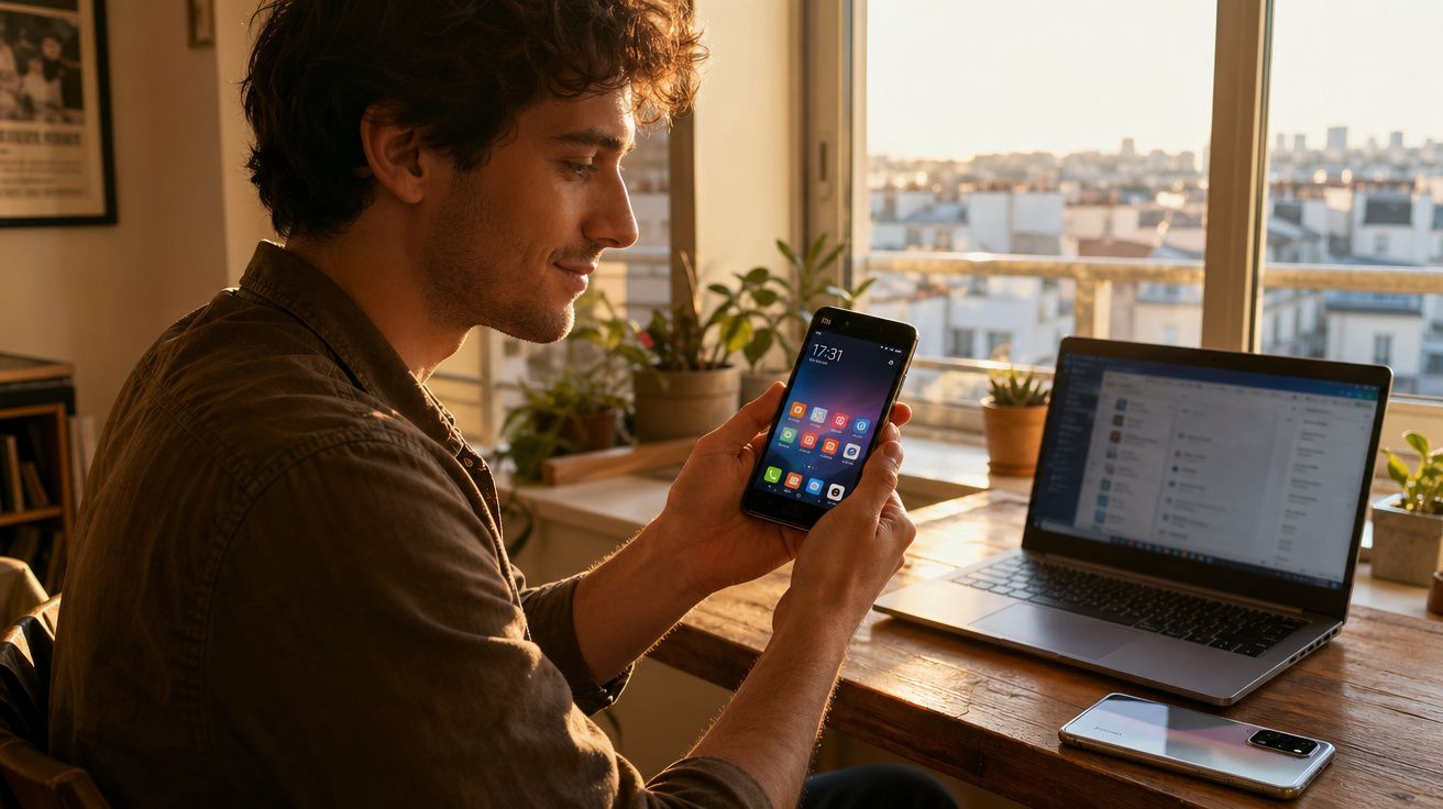 Homem jovem sentado à mesa em casa, a usar smartphone, com computador portátil aberto e vista urbana ao fundo.