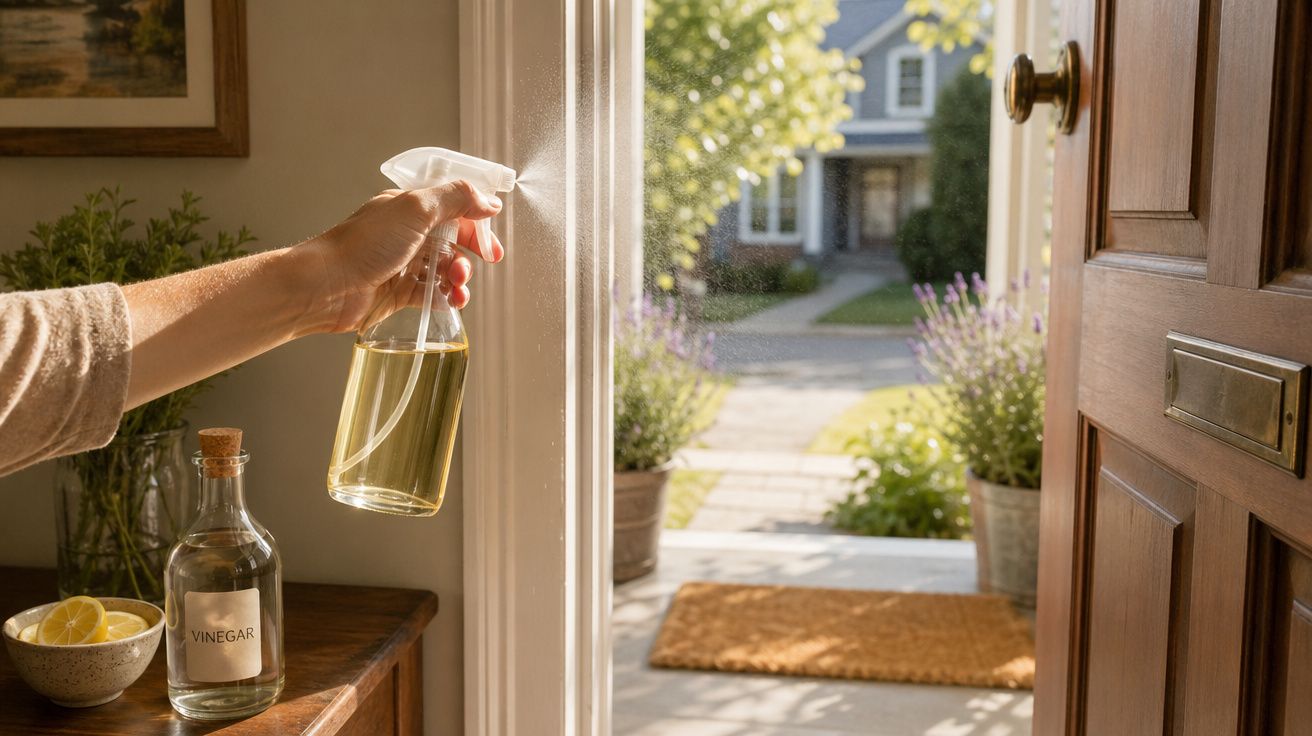 Mão a borrifar produto de limpeza num batente de porta aberta para um jardim iluminado pelo sol.