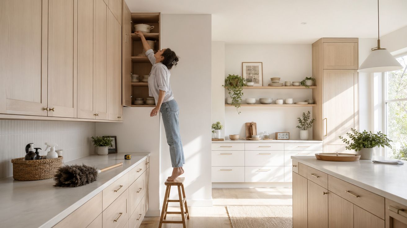 Mulher a alcançar utensílio no armário alto numa cozinha moderna com luz natural e decoração minimalista.