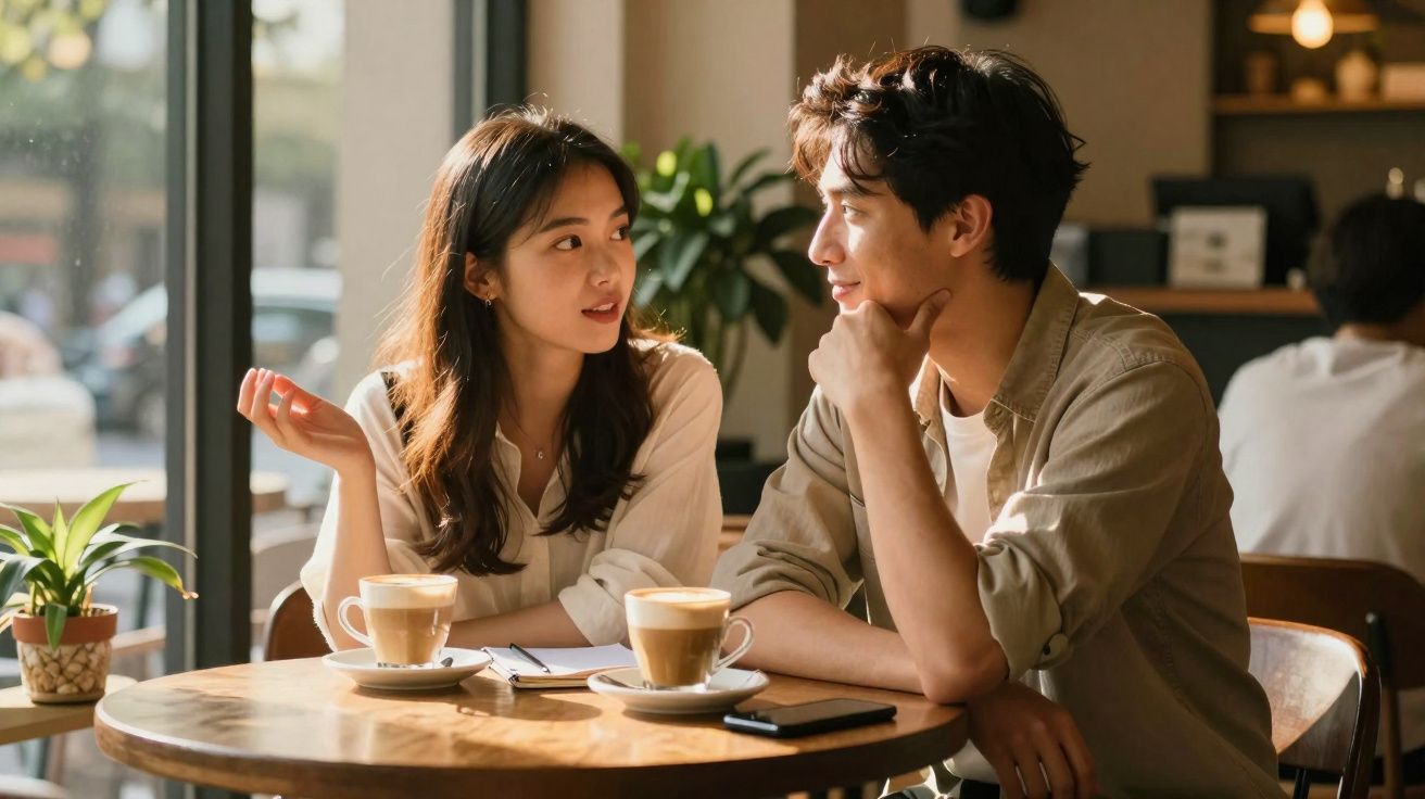 Casal jovem conversa animadamente à mesa de café com duas chávenas de café e luz natural na esplanada.