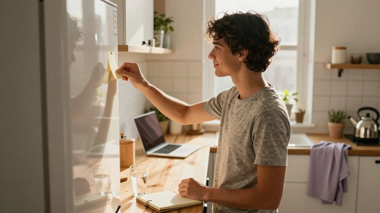 Jovem a colocar um post-it no frigorífico numa cozinha moderna com laptop e caderno na bancada.