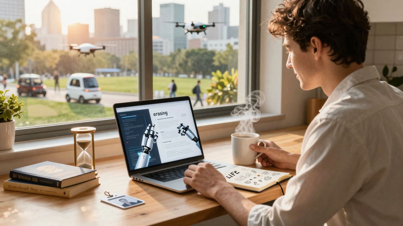 Homem a trabalhar no portátil com robots, chá quente e drone a voar na janela com vista da cidade.