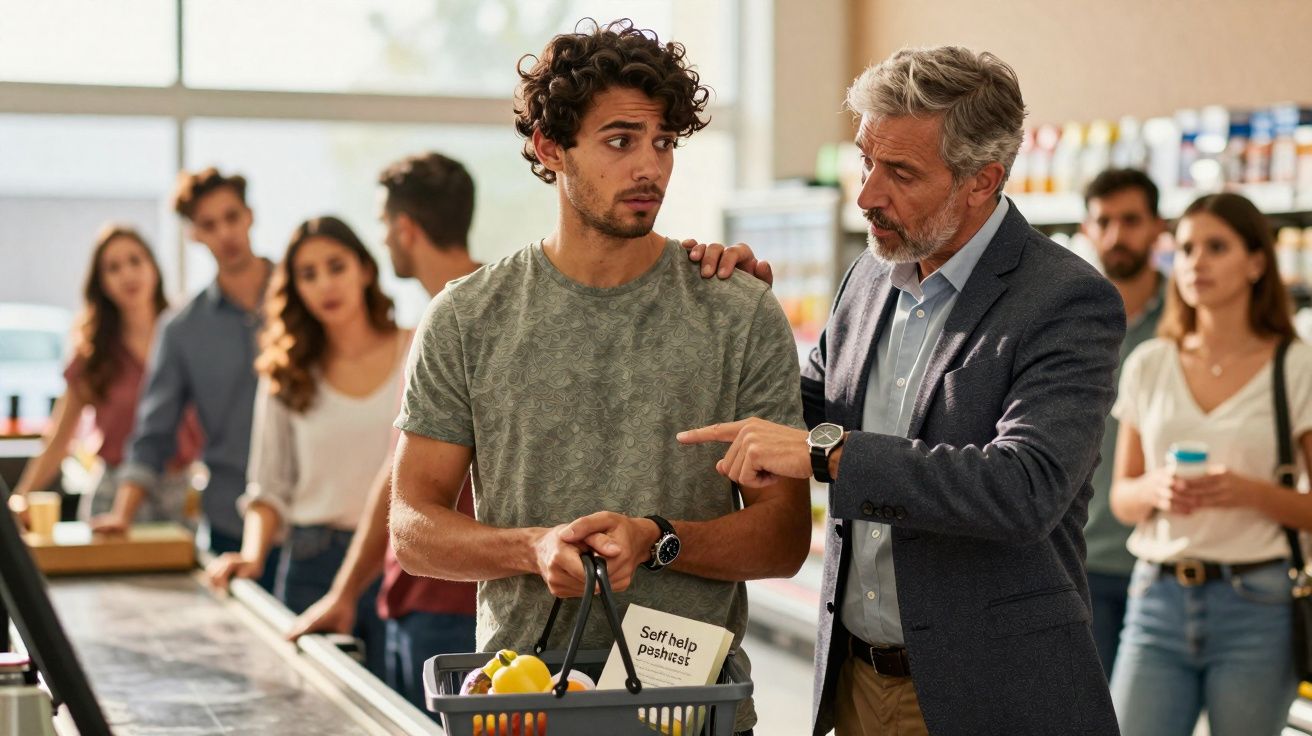 Homem mais velho repreende jovem com cabaz de compras em fila de supermercado cheia.