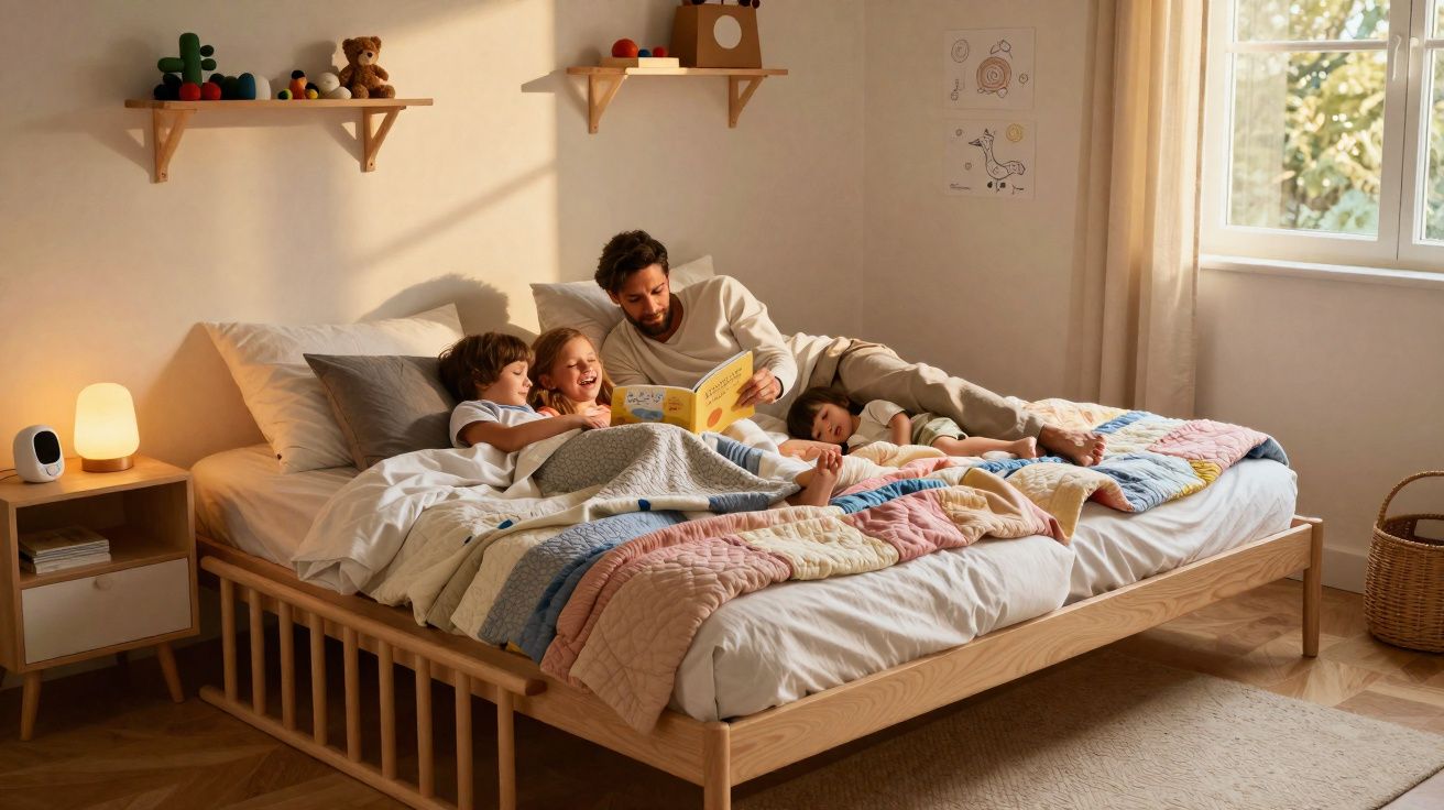 Pai a ler um livro para três crianças deitadas numa cama grande numa quarto iluminado pela luz do dia.