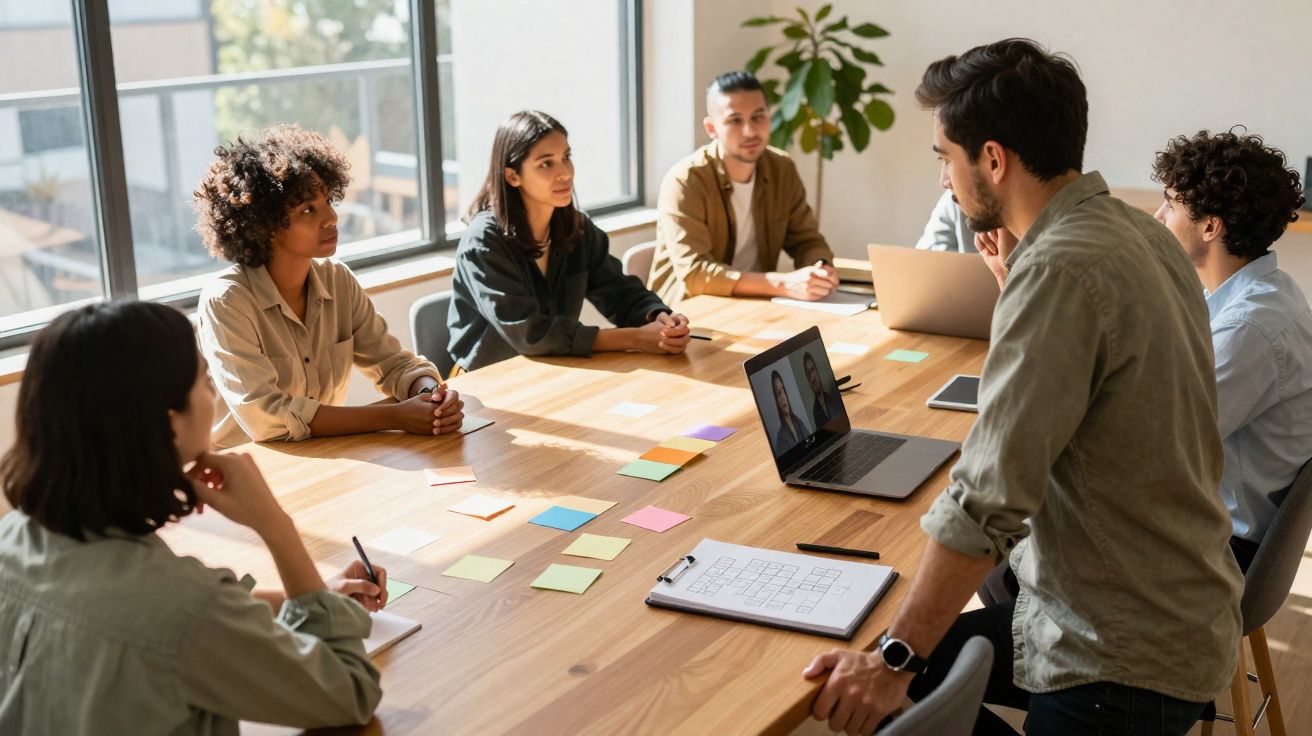 Grupo diversificado de pessoas em reunião de trabalho com laptop e notas adesivas numa mesa de madeira.