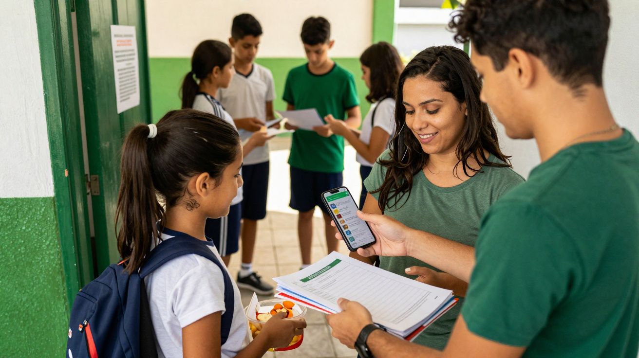 Jovens estudantes interagem num corredor de escola com papéis e um adulto a mostrar algo no telemóvel.
