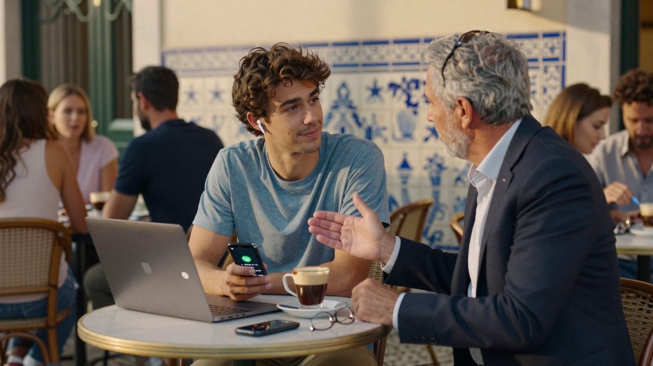 Dois homens de idades diferentes conversam numa esplanada com computador e café sobre a mesa.