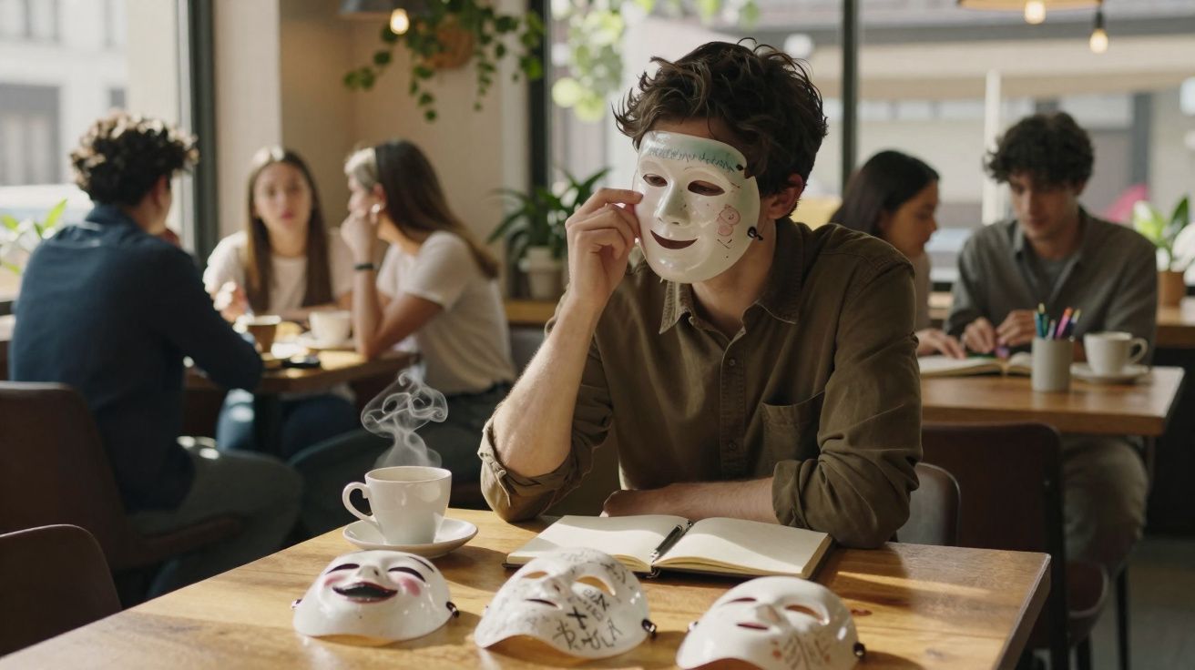 Pessoa sentada numa mesa de café, usando máscara branca com desenhos, com outras máscaras e um livro aberto à frente.