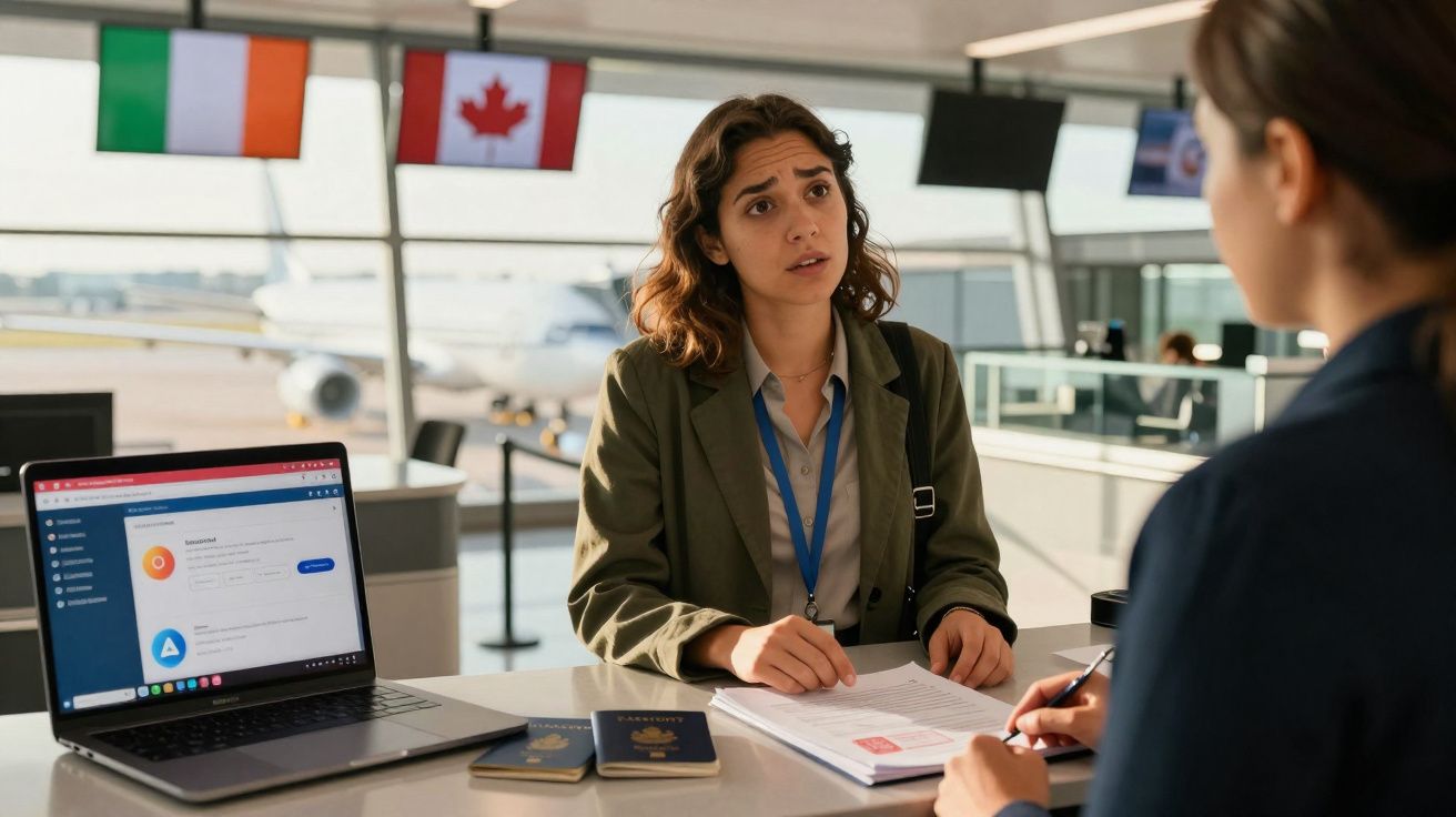 Funcionária de aeroporto conversa com passageira no balcão de atendimento, com laptop e passaportes sobre a mesa.