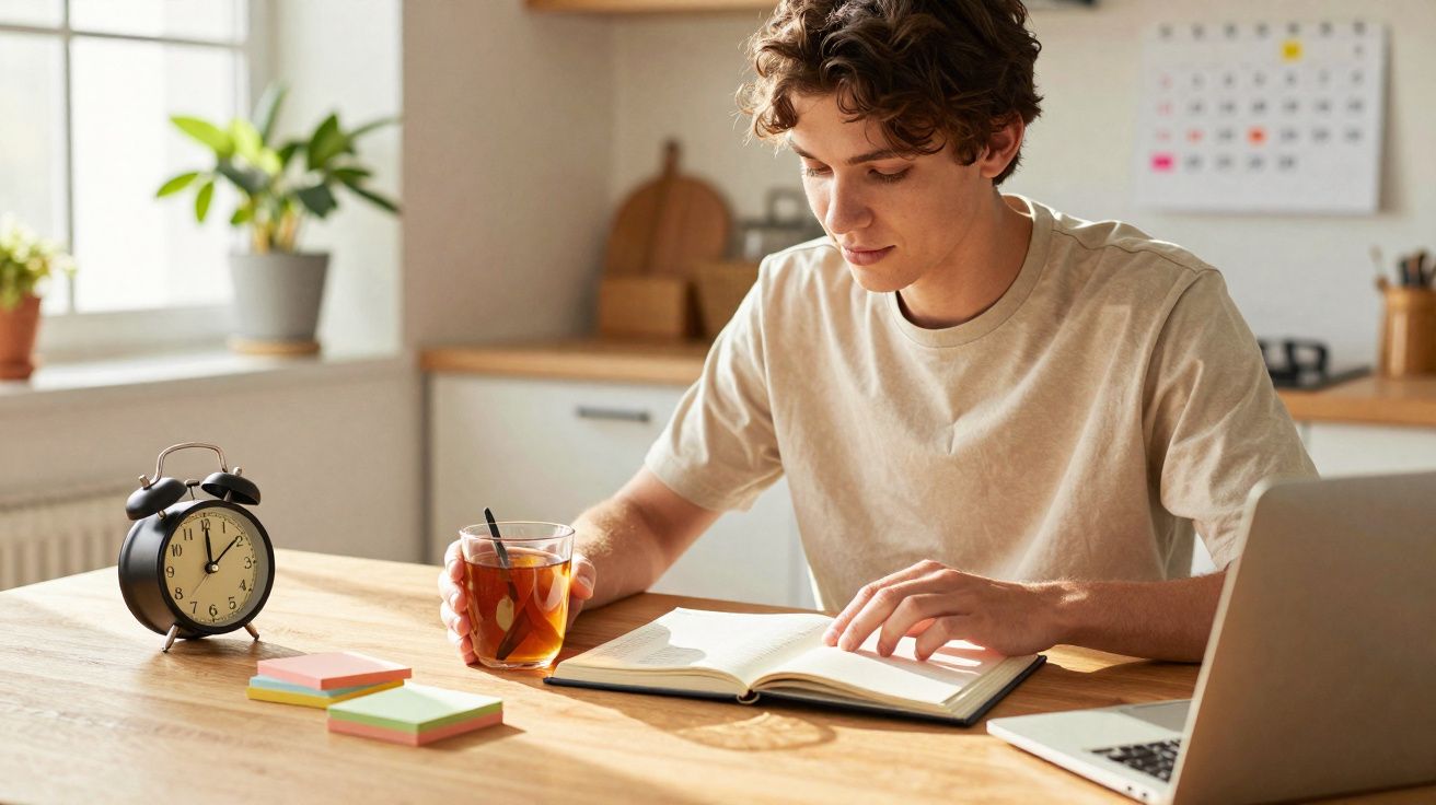 Jovem sentado a ler um livro na cozinha, com chá, relógio e computador portátil sobre a mesa.