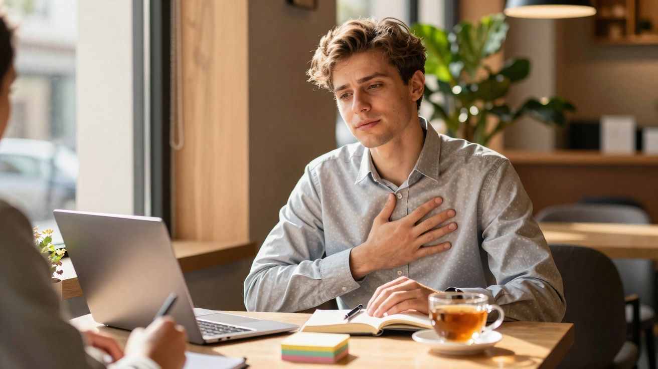 Jovem sentado à mesa com laptop e chá, colocando a mão no peito, expressão de preocupação.