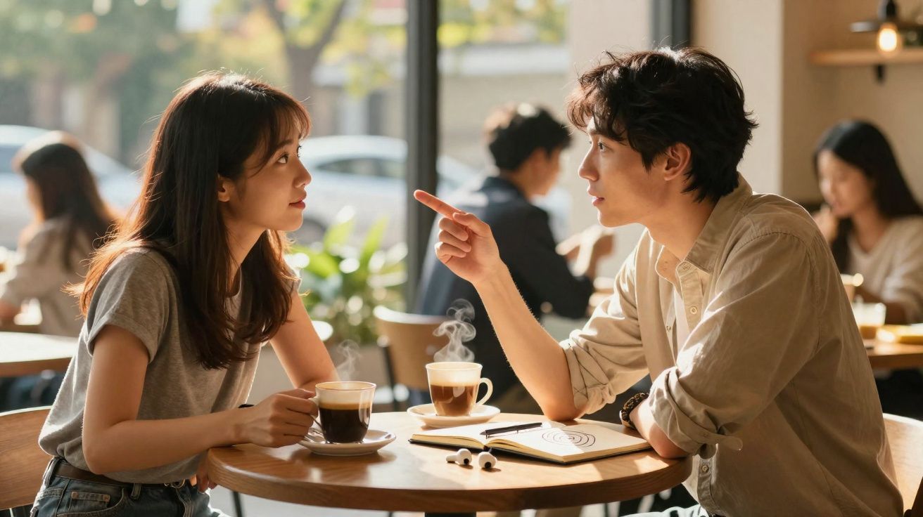 Casal jovem sentado à mesa num café, a conversar, com duas chávenas de café e caderno no centro.