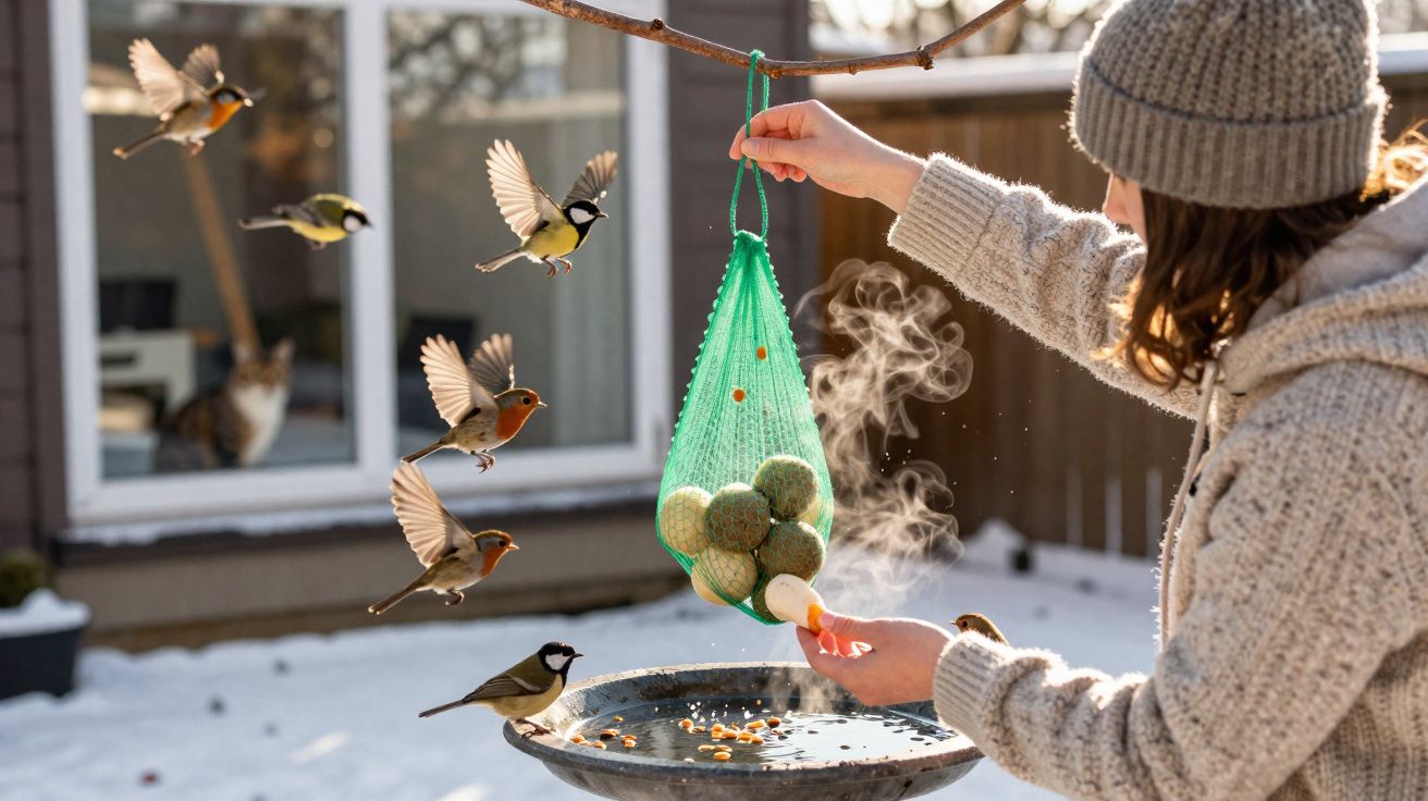 Pessoa a alimentar pássaros com bolas de gordura num jardim de inverno com neve.
