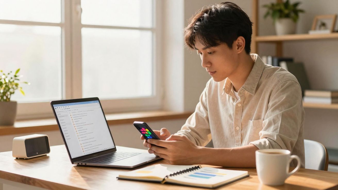 Jovem sentado a trabalhar com portátil aberto e a usar telemóvel numa mesa com caderno e chávena.