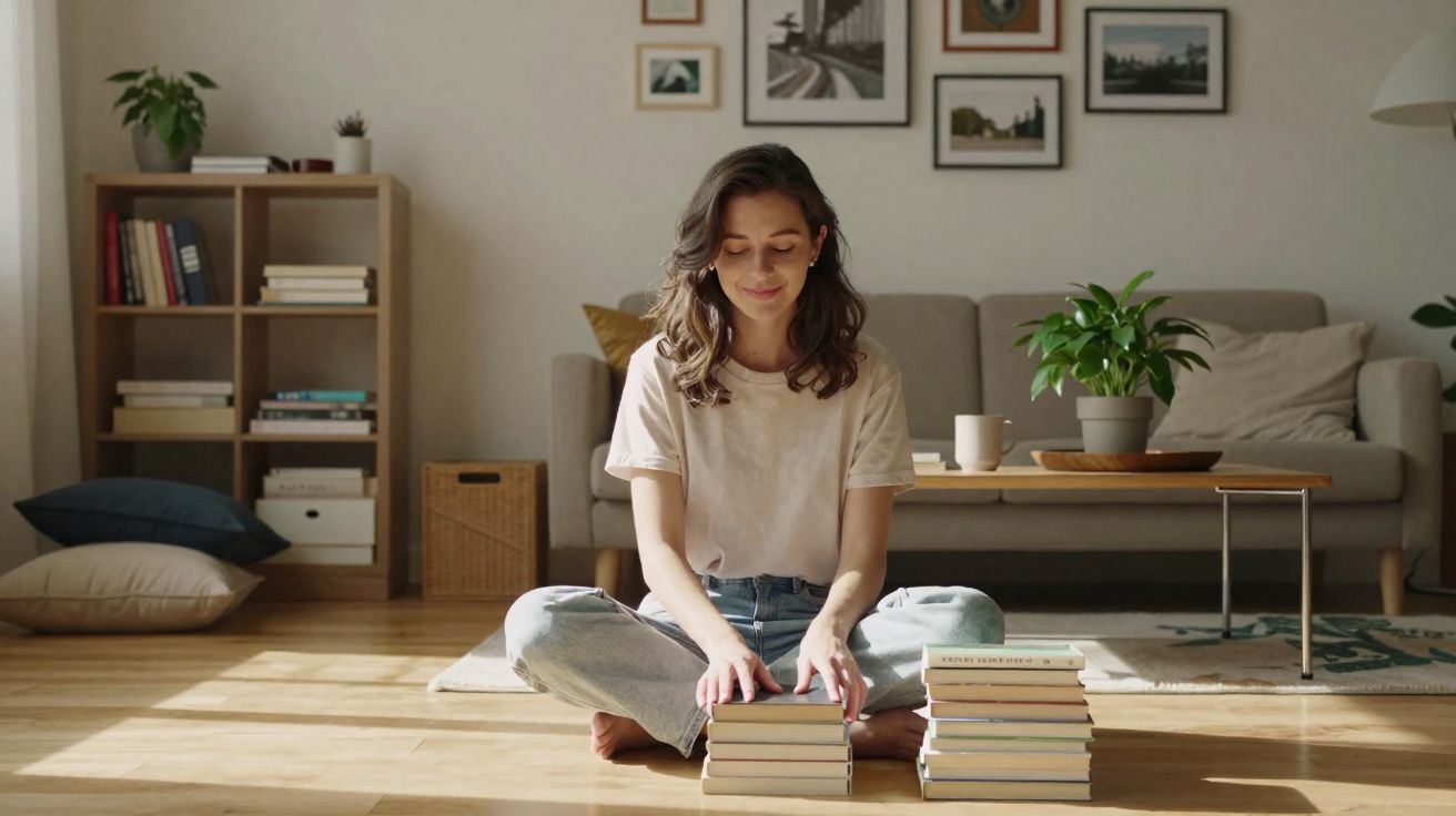 Mulher sentada no chão de sala organizada com livros empilhados e luz natural a entrar pela janela.