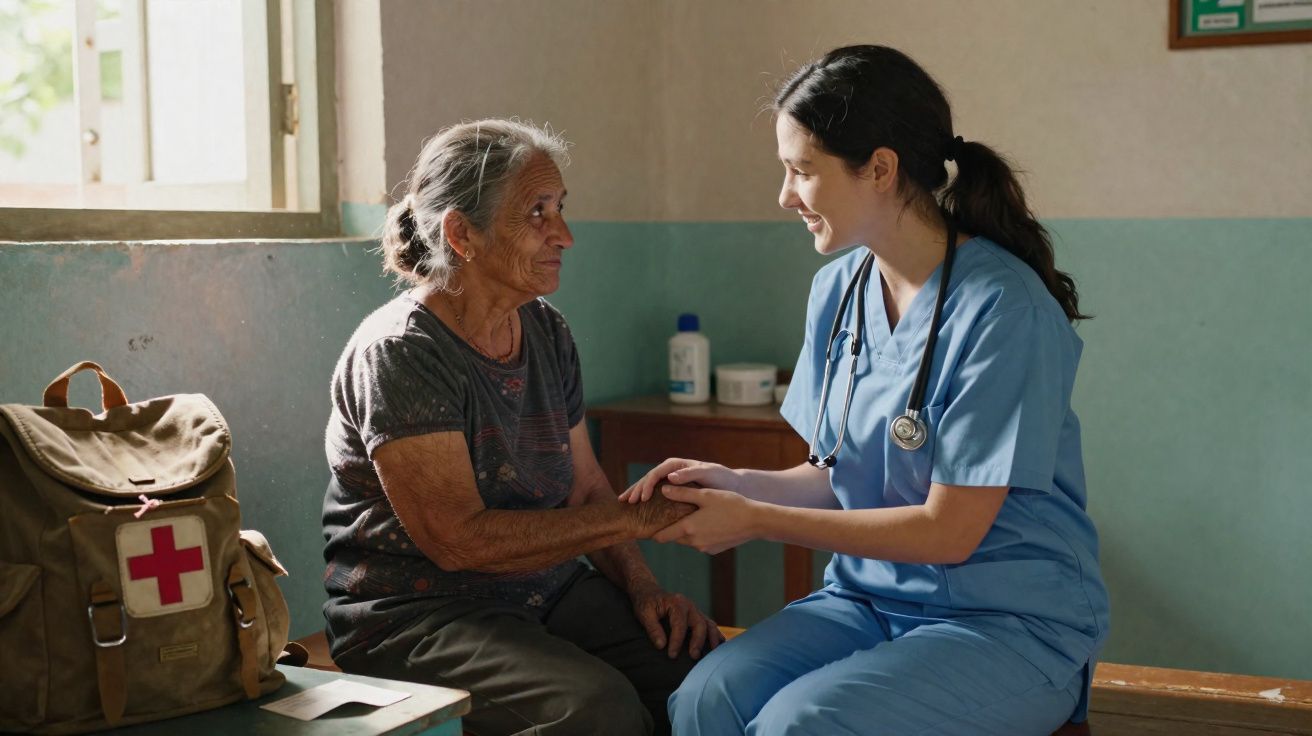 Enfermeira sorridente segura a mão de idosa numa consulta num consultório simples.